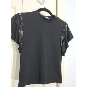 Bar III Women's Fringe Flutter Sleeve Top Sm Deep Black Punk Metal Gothic